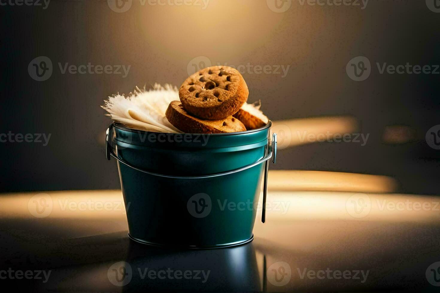 un Cubeta lleno con galletas en un mesa. generado por ai foto