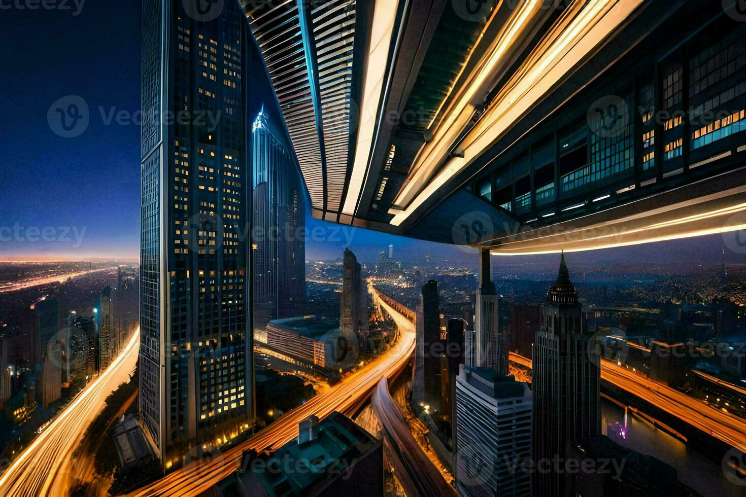 a city at night with long exposure photography. AI-Generated photo
