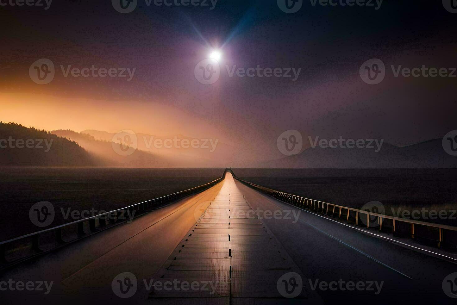 a long road with a bright sun shining over it. AI-Generated photo