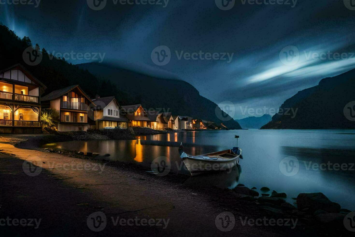 un barco se sienta en el apuntalar de un lago a noche. generado por ai foto