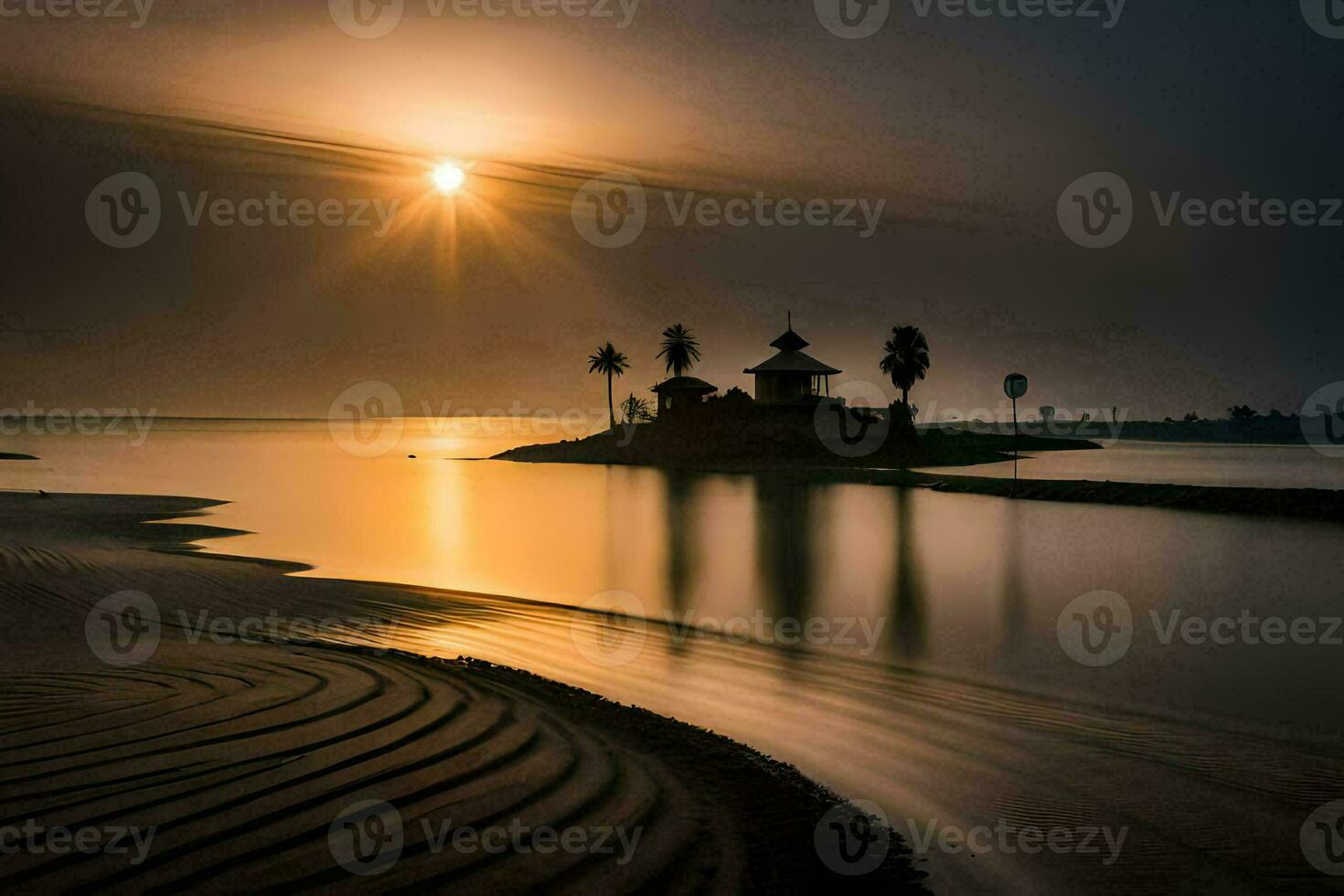 the sun rises over a beach and a small island. AI-Generated photo