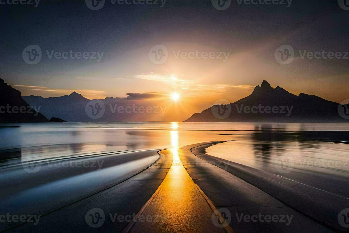 the sun is setting over a lake and mountains. AI-Generated photo