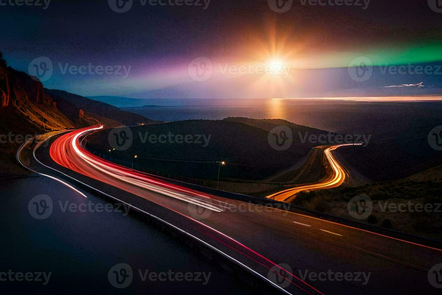 a long exposure photo of a road with lights and a sunset. AI-Generated