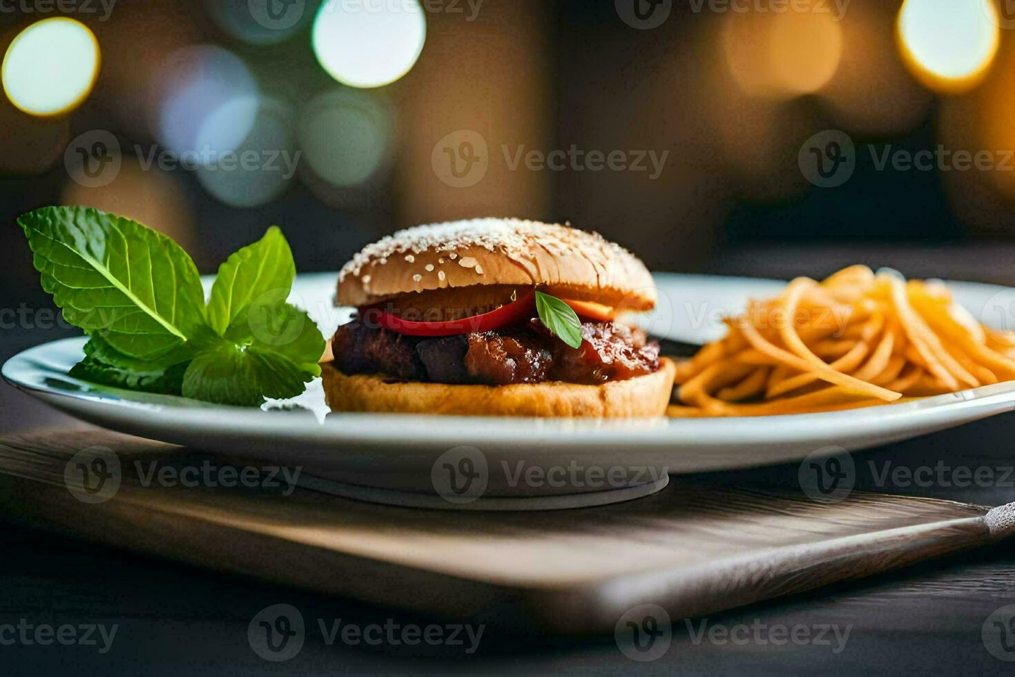 a plate with a burger and spaghetti on it. AI-Generated photo