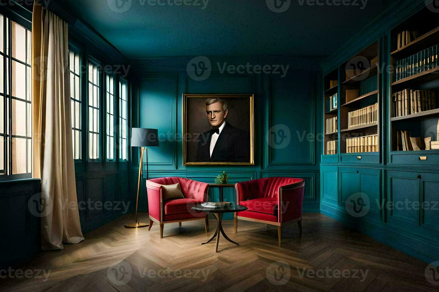 a room with blue walls and a painting of a man. AI-Generated photo