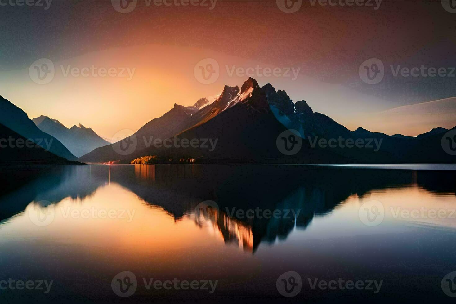 a mountain range is reflected in the water at sunset. AI-Generated photo
