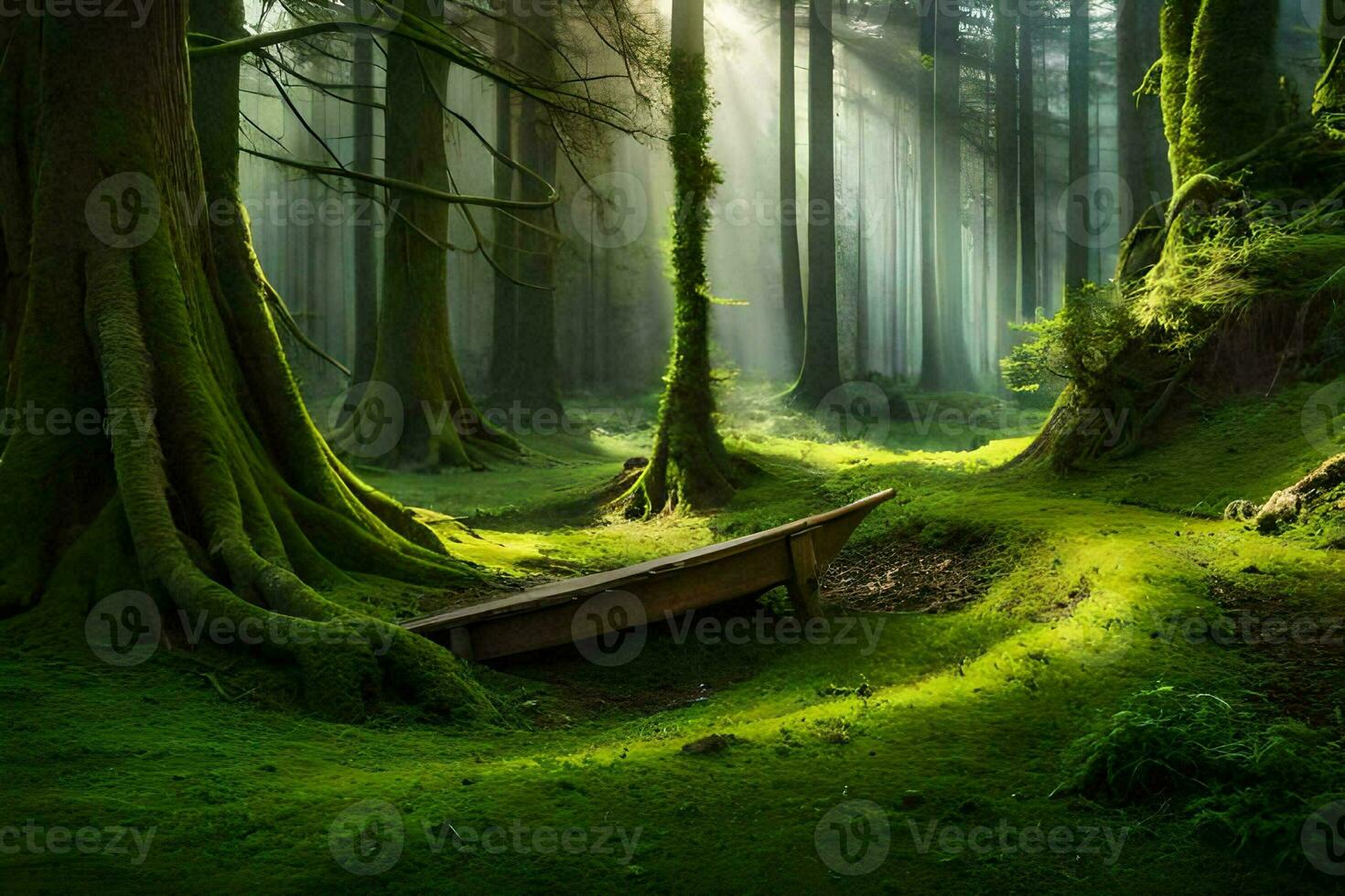 a boat sits in the middle of a forest. AI-Generated photo