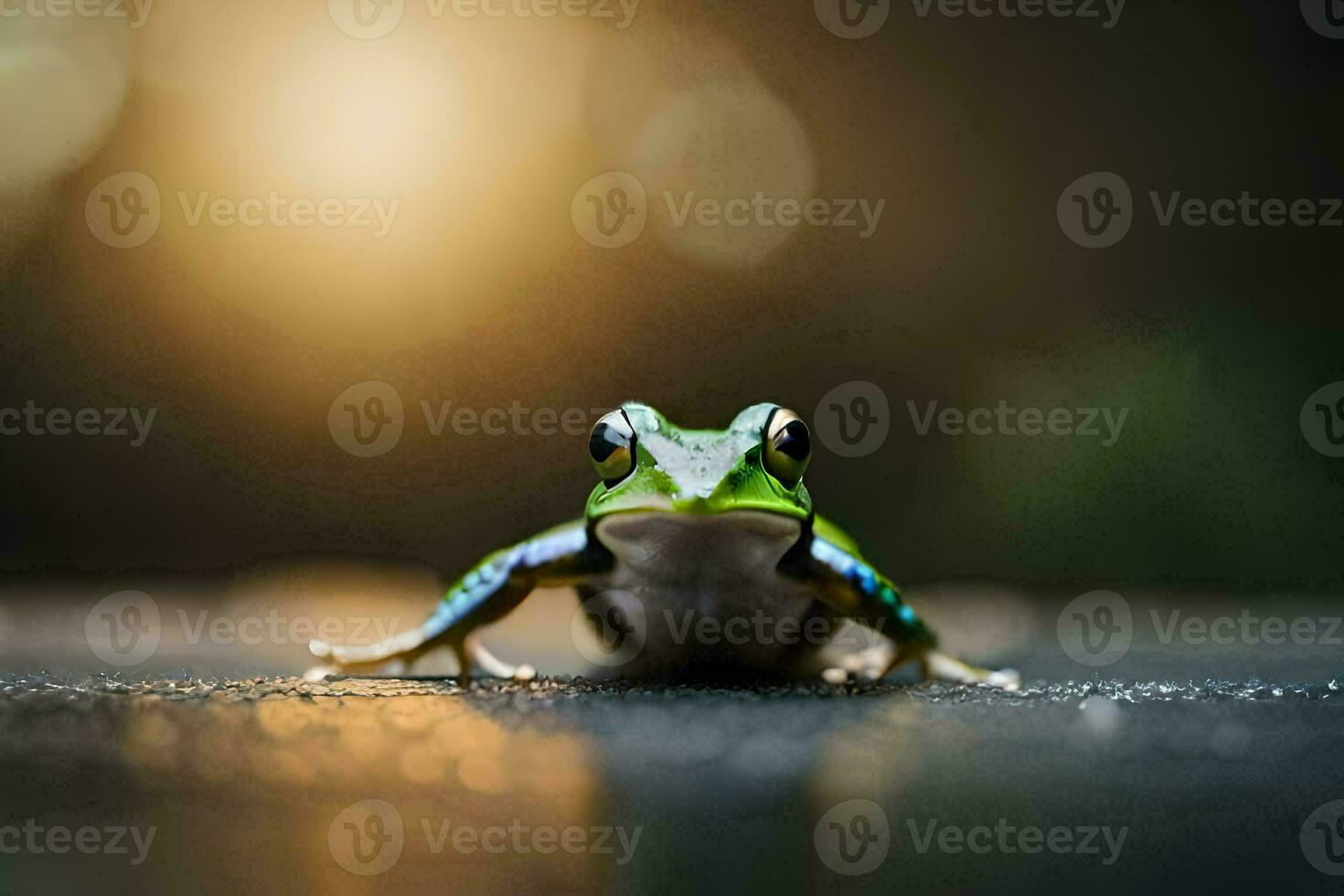a frog sitting on the ground with the sun in the background. AI-Generated photo