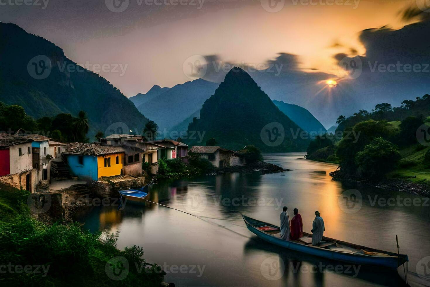 photo wallpaper the sky, mountains, river, boat, sunset, people, boat, river,. AI-Generated