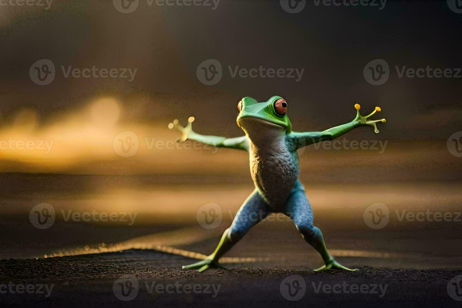 a frog standing on its hind legs with its arms outstretched. AI-Generated photo