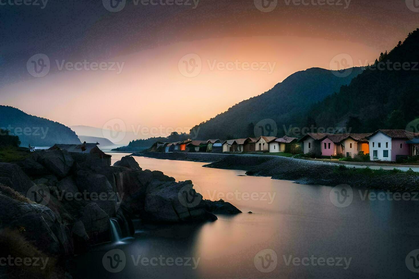 un río carreras mediante un pueblo a puesta de sol. generado por ai foto