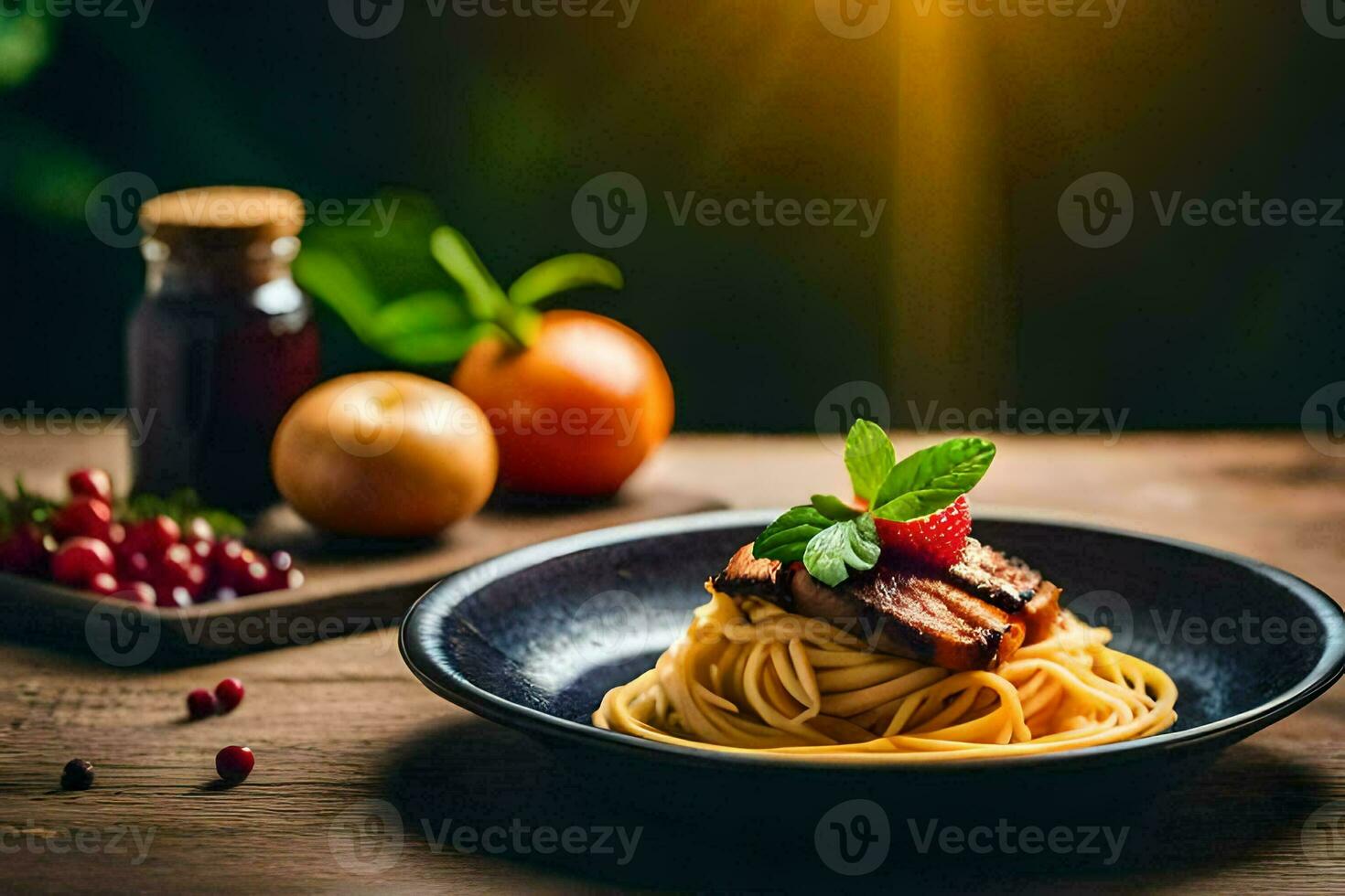 spaghetti with meat and berries on a plate. AI-Generated photo