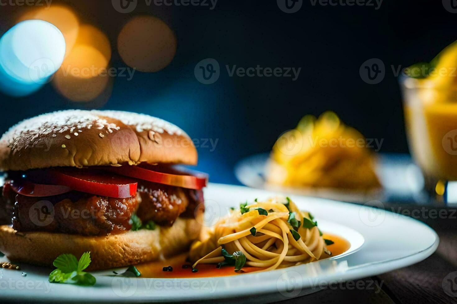 a hamburger with spaghetti and tomato on a white plate. AI-Generated photo