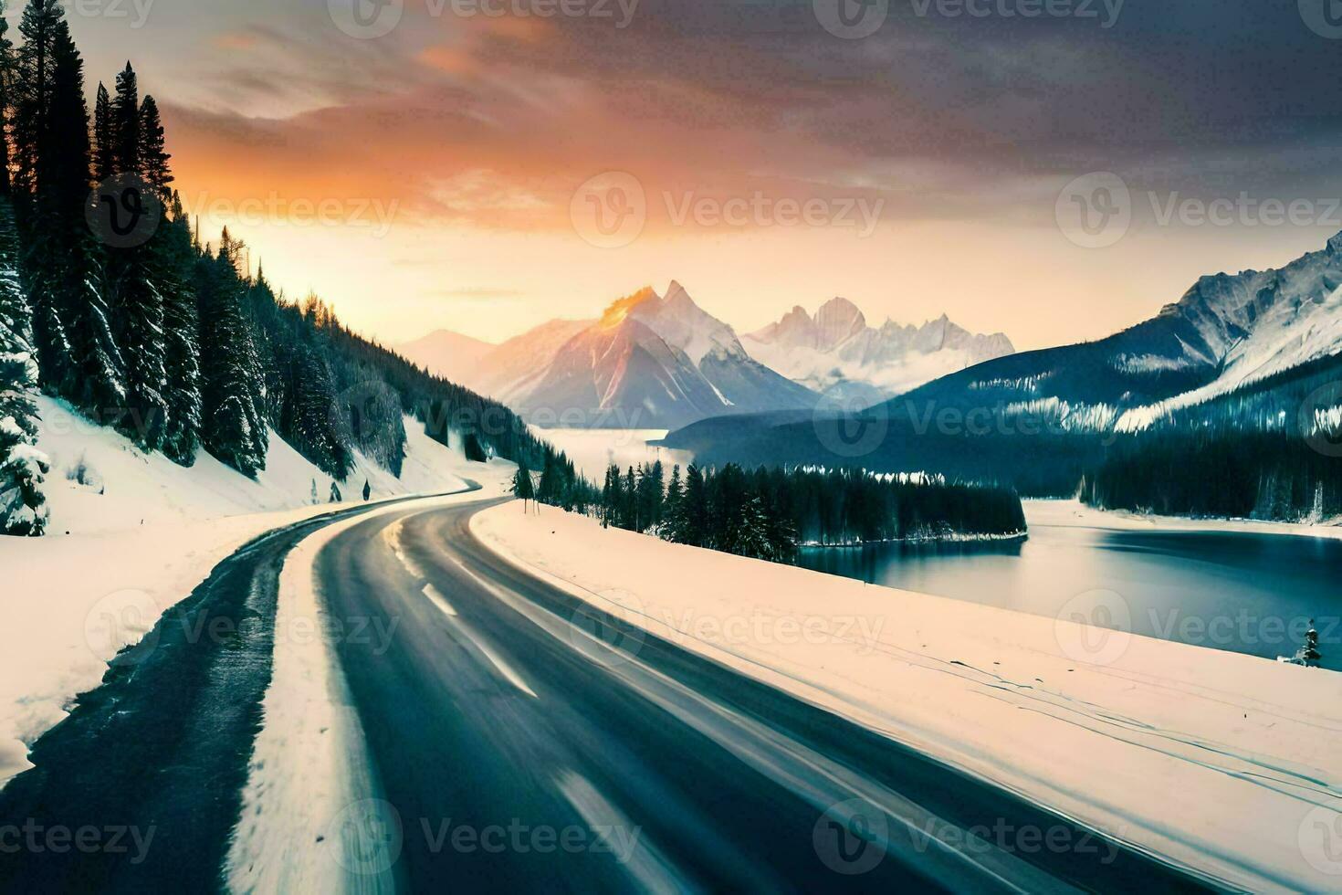a road in the mountains with snow and trees. AI-Generated photo