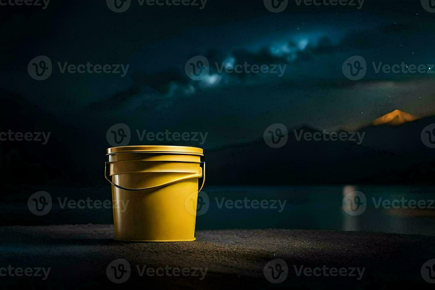 a yellow bucket sitting on the ground at night. AI-Generated photo