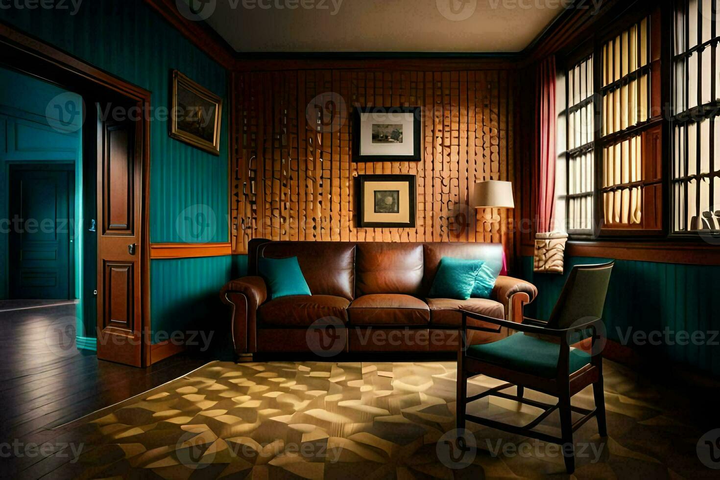 a room with a brown leather couch and blue walls. AI-Generated photo