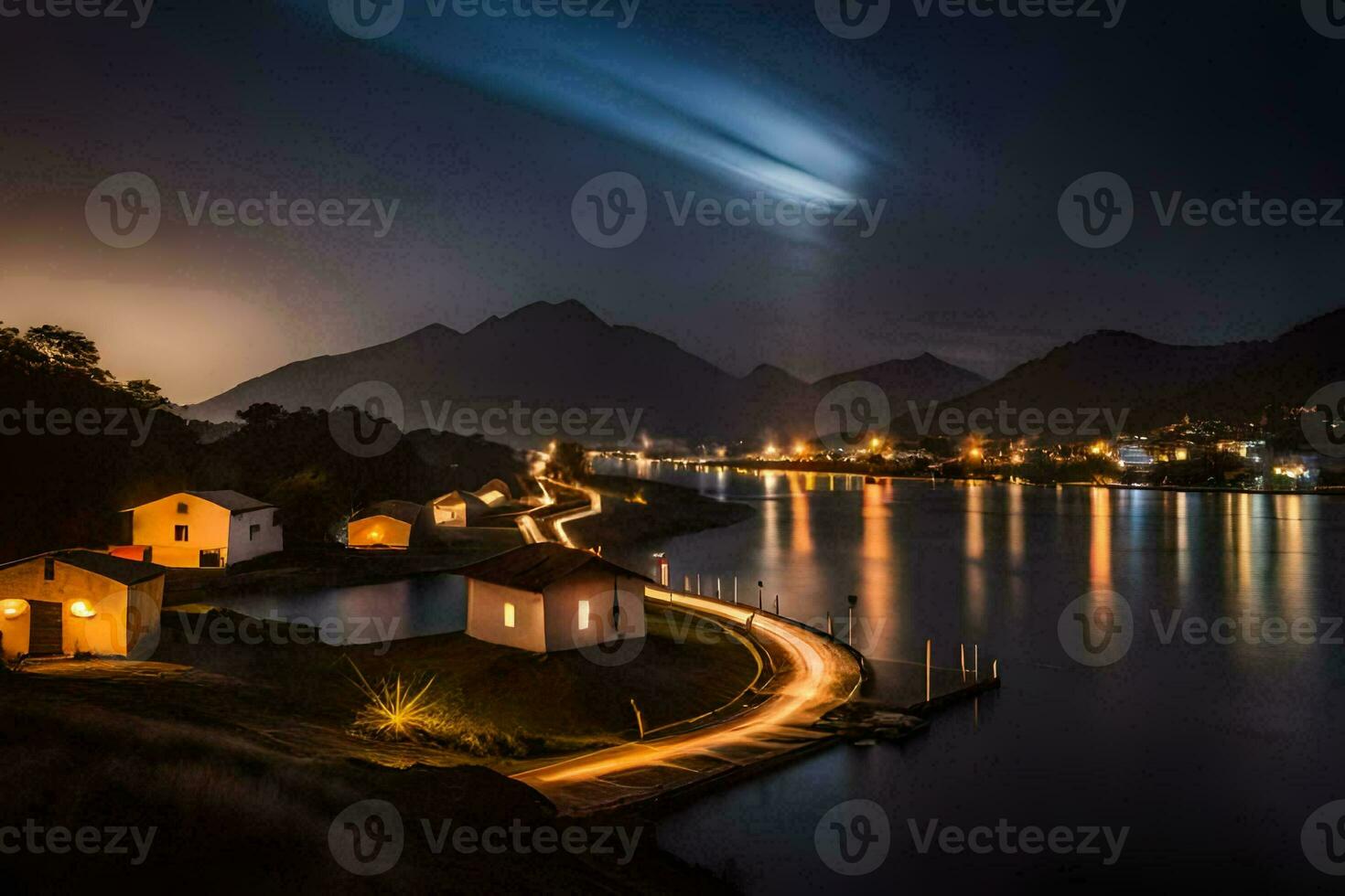 a long exposure photograph of a river and houses at night. AI-Generated photo