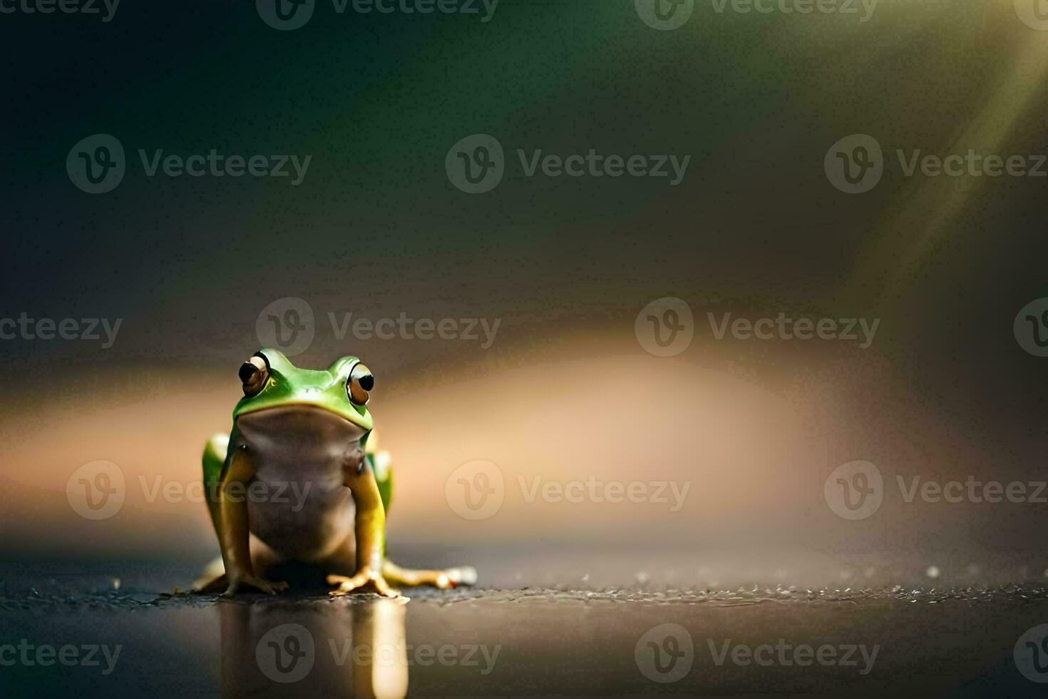 a frog sitting on the ground with a bright light behind it. AI-Generated photo