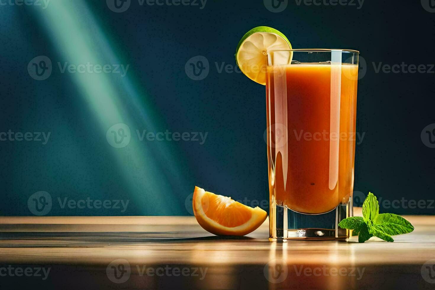 un vaso de naranja jugo con un rebanada de Lima. generado por ai foto