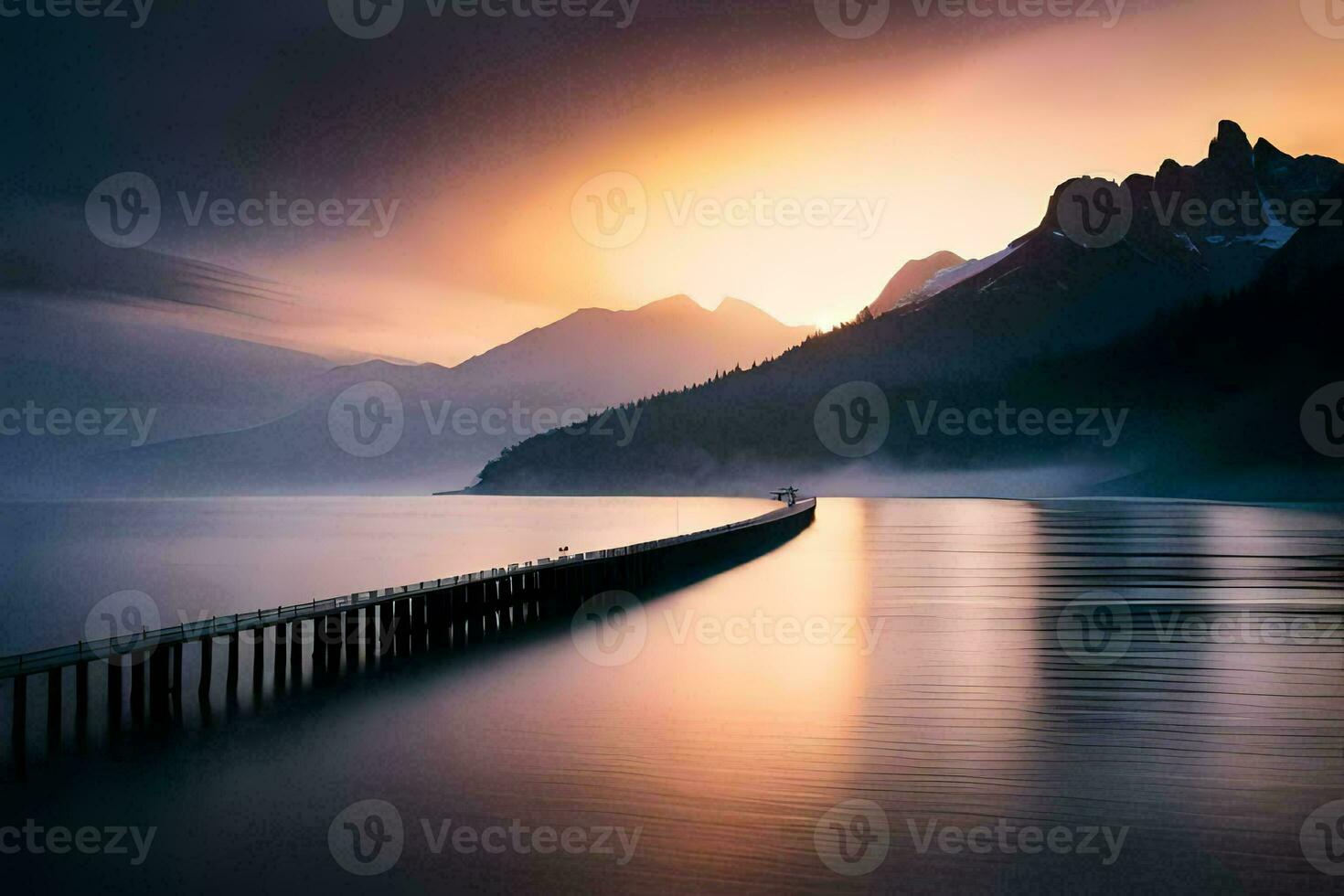 a long pier stretches out into the water at sunset. AI-Generated photo
