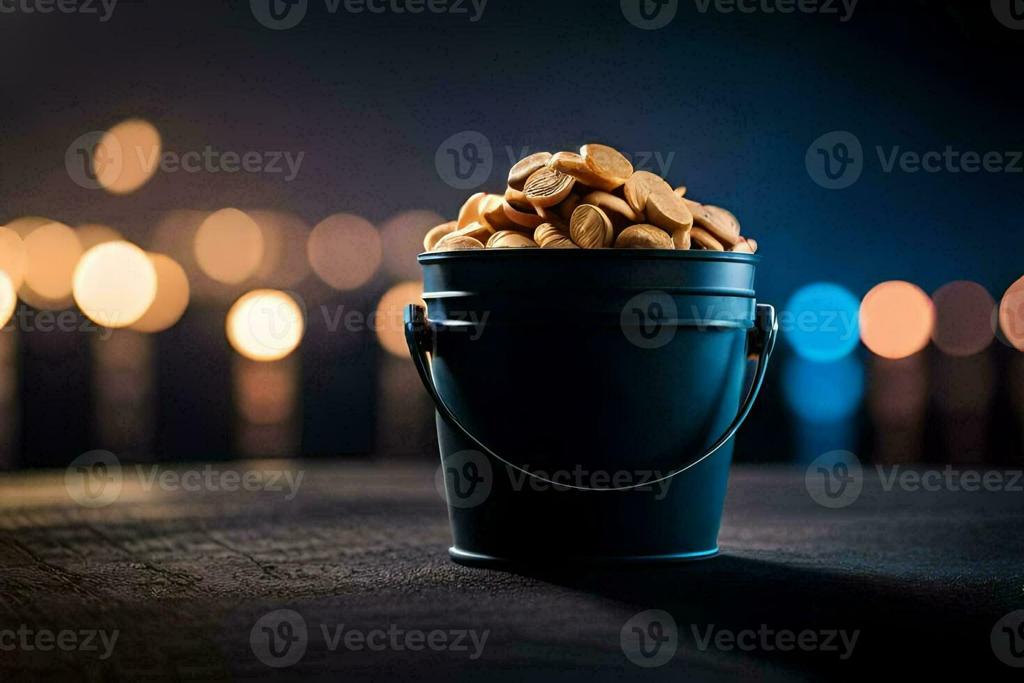 a bucket filled with peanuts on a table. AI-Generated photo