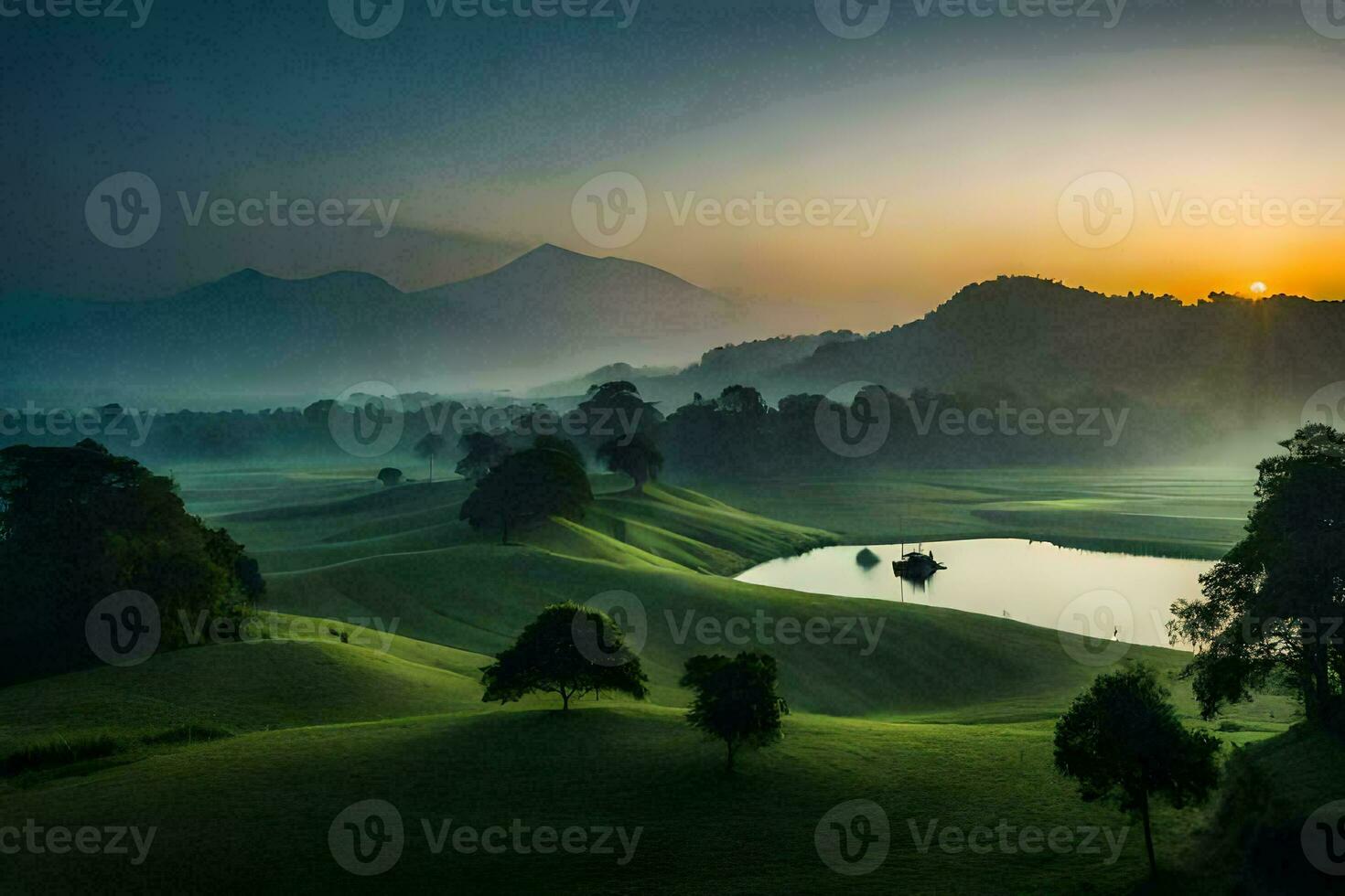 the sun rises over a green field and lake. AI-Generated photo