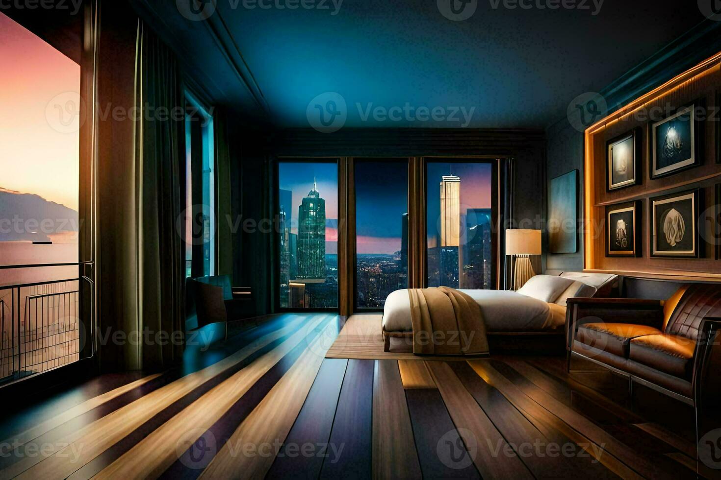a bedroom with a view of the city at night. AI-Generated photo