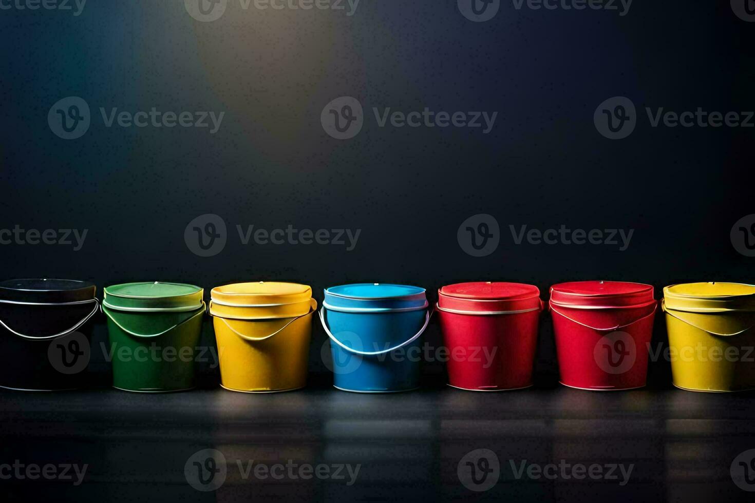 a row of colorful buckets on a dark background. AI-Generated photo