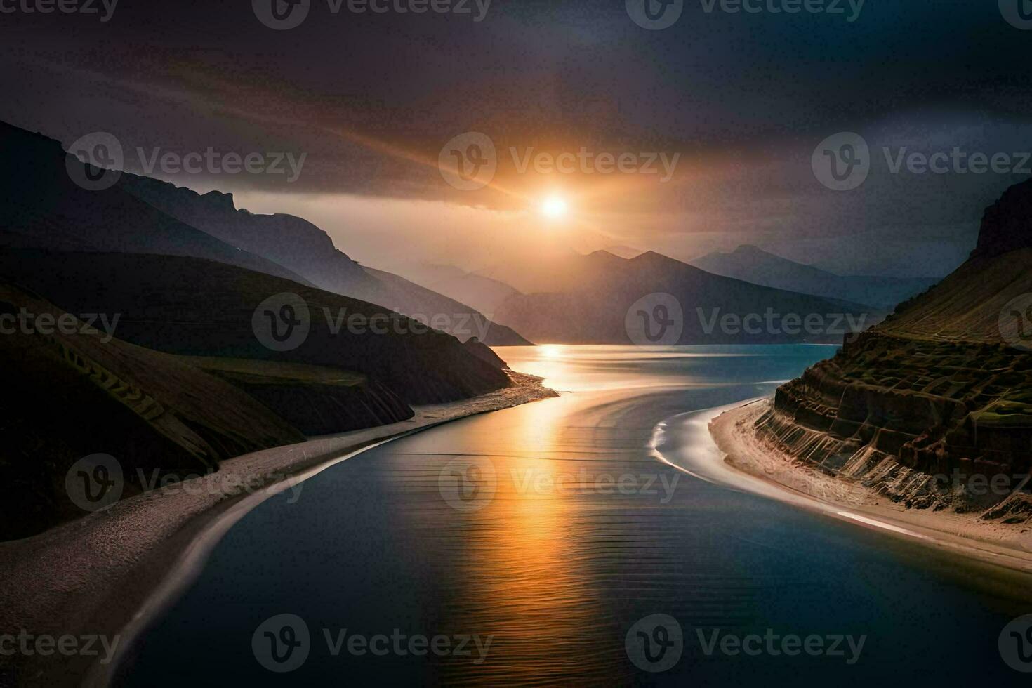 sunset over the river in iceland. AI-Generated photo
