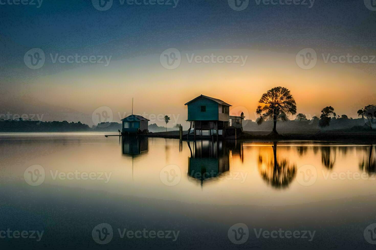 el amanecer terminado el lago. generado por ai foto