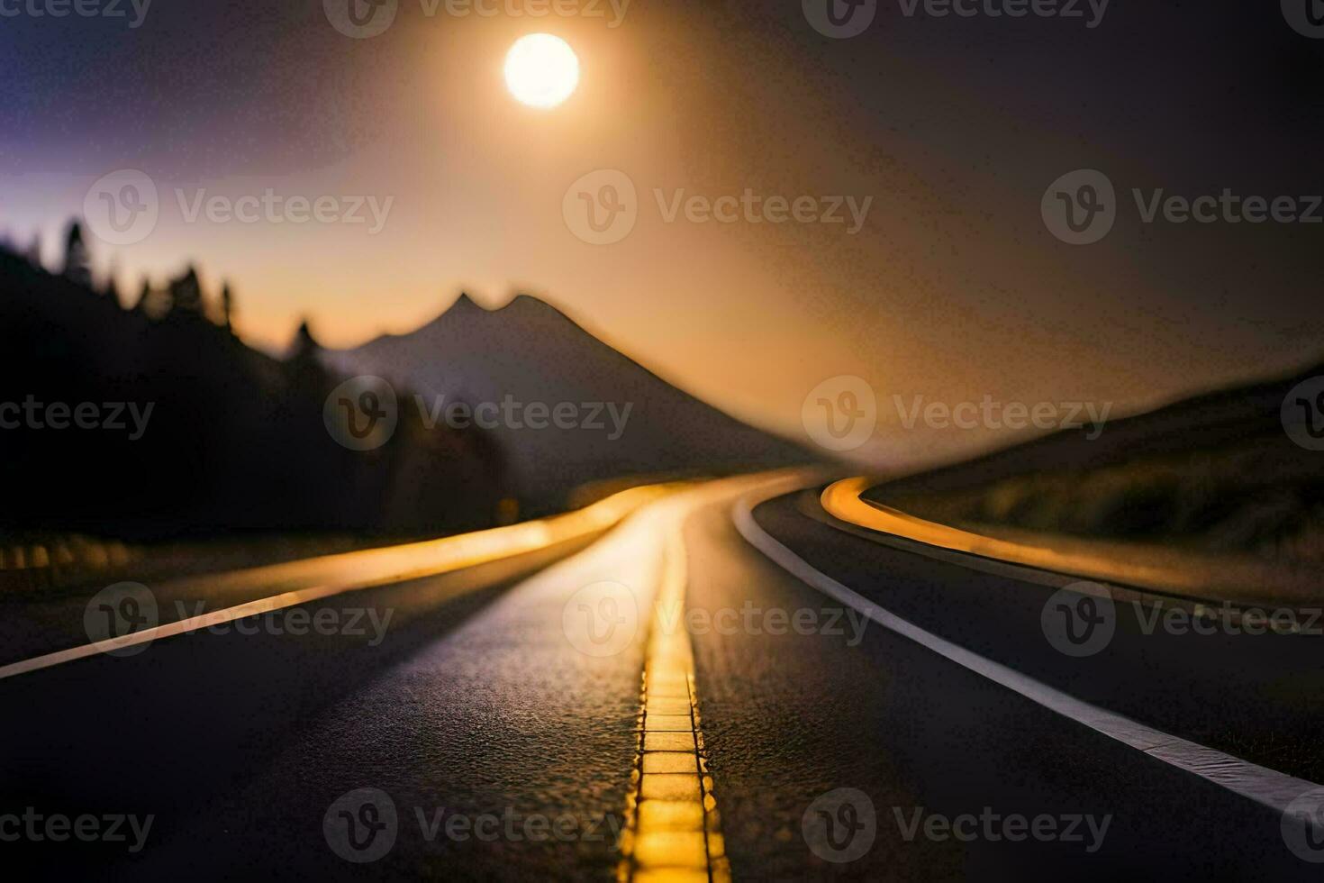 a long road with the sun setting behind it. AI-Generated photo