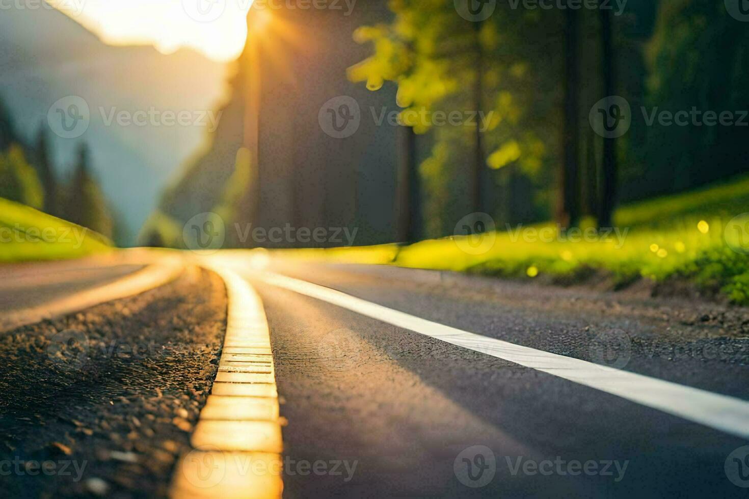 a road with the sun shining on it. AI-Generated photo