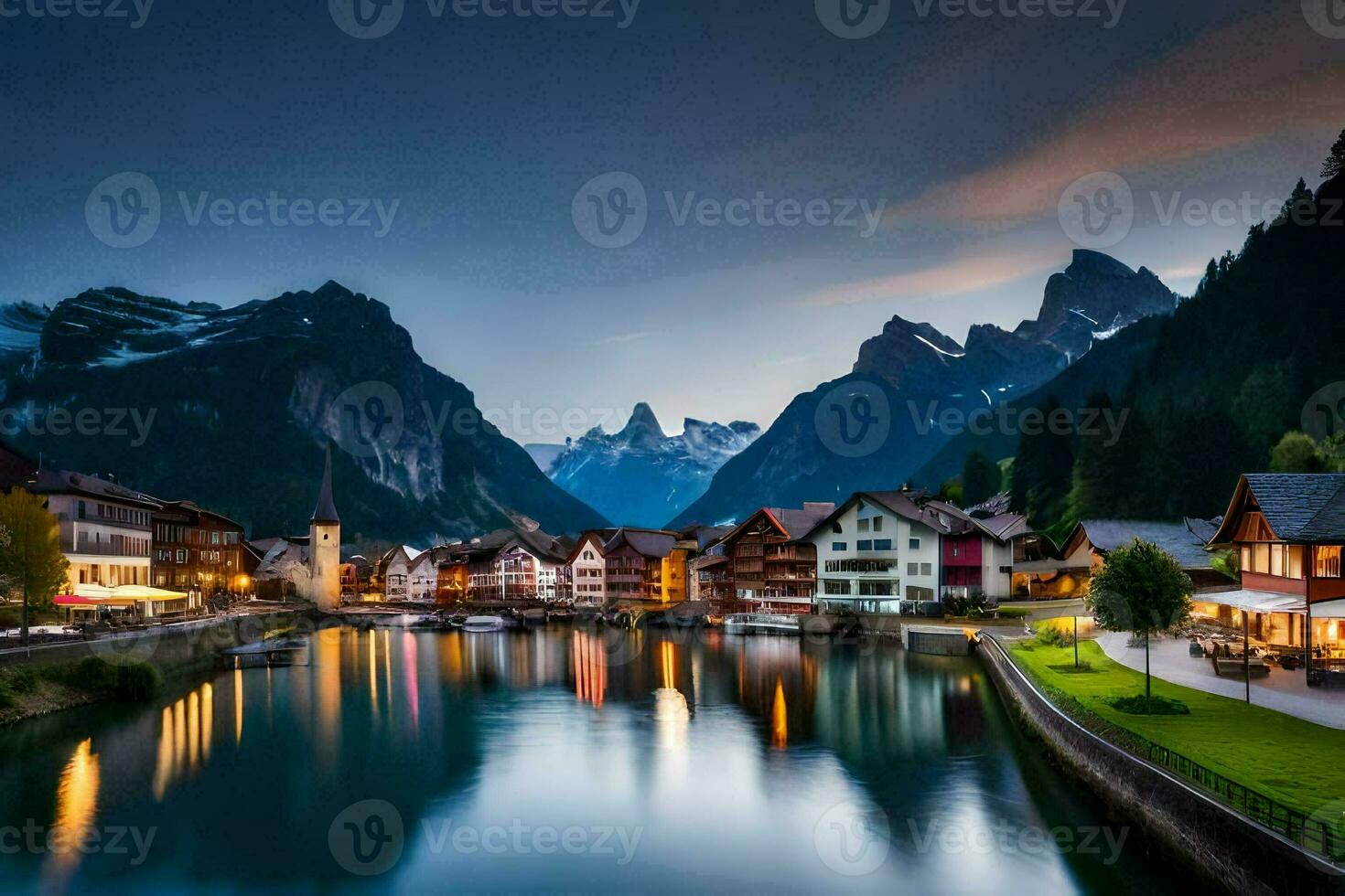 photo wallpaper mountains, the night, town, lake, switzerland, alps, the al. AI-Generated