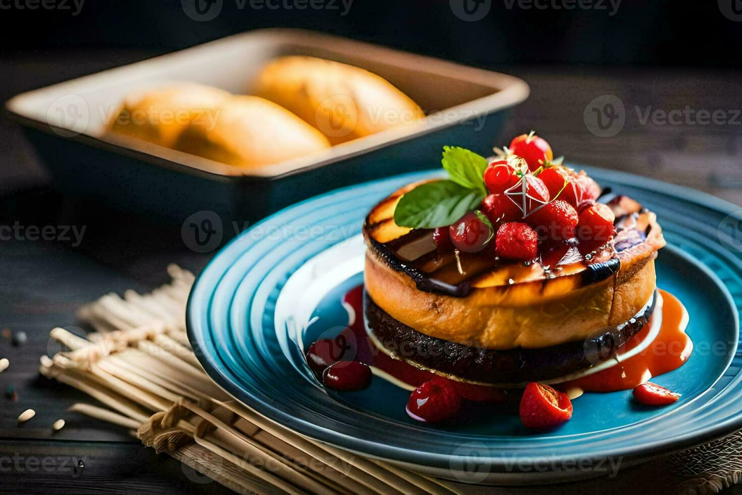 a plate with a cake and cherry on it. AI-Generated photo