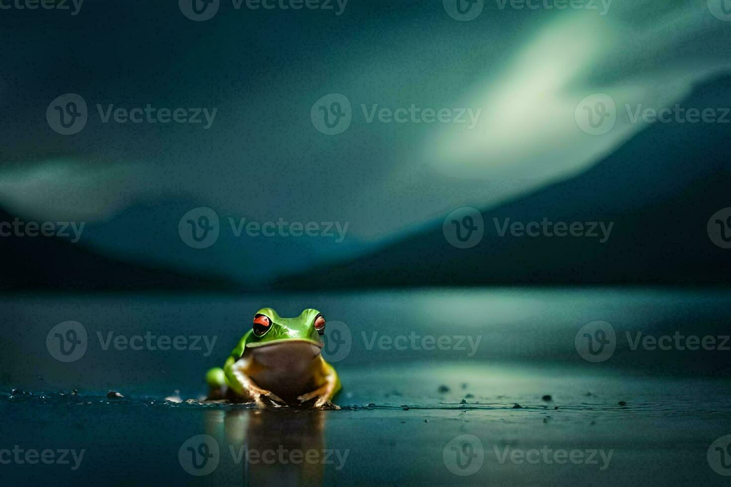 a frog sitting on the water in front of a dark sky. AI-Generated photo