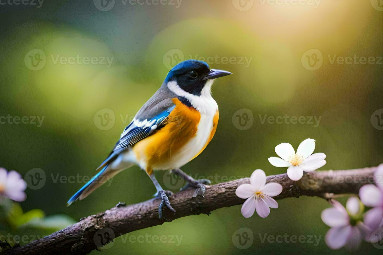 a bird is sitting on a branch with flowers. AI-Generated photo
