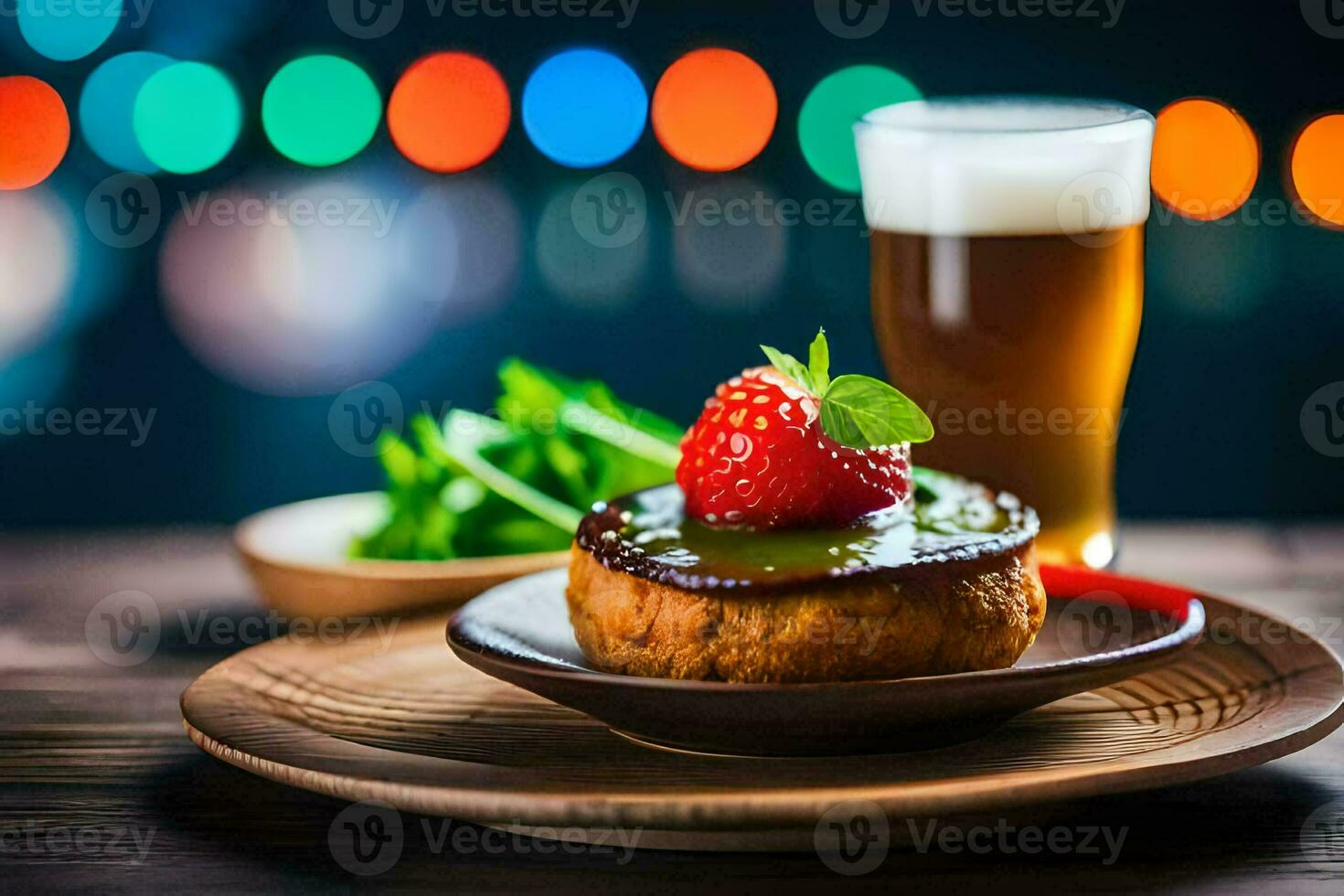 a dessert with strawberries and a beer. AI-Generated photo