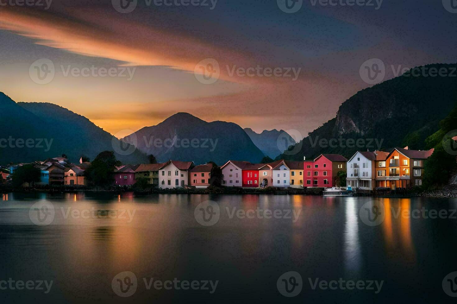 colorful houses on the water at sunset. AI-Generated photo