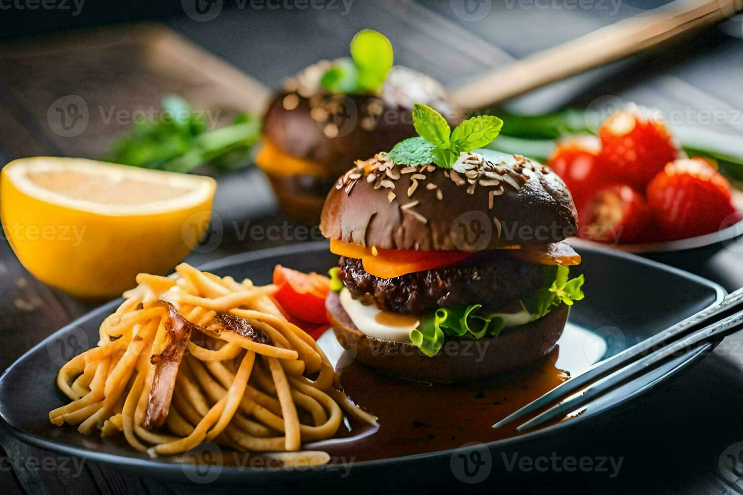 a plate with a burger and noodles. AI-Generated photo