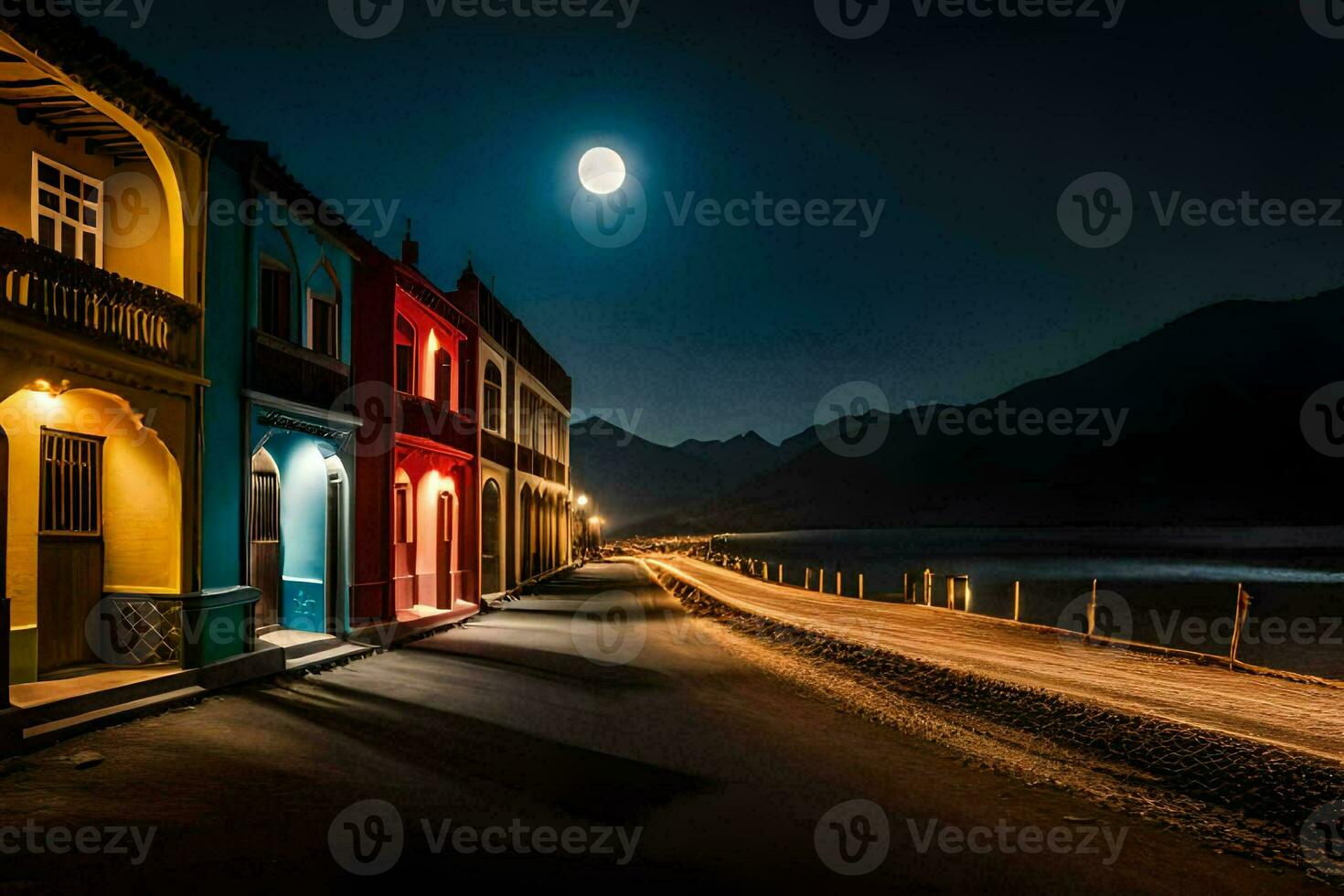 un calle forrado con vistoso edificios a noche. generado por ai foto