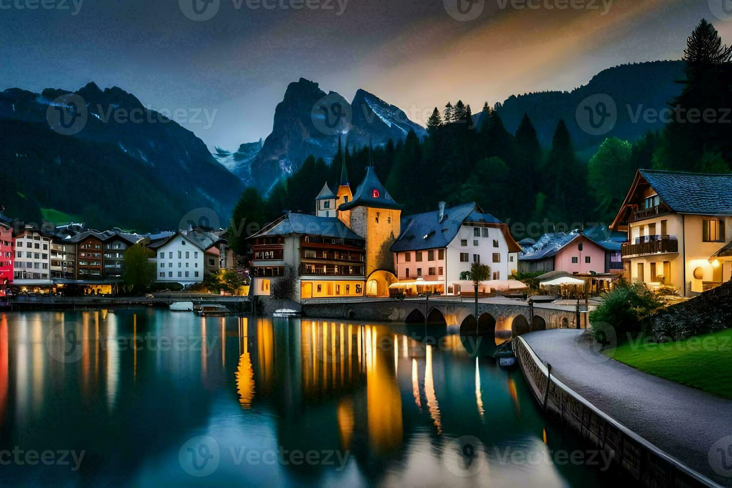 photo wallpaper the sky, mountains, lake, town, mountains, lake, town, mountains,. AI-Generated