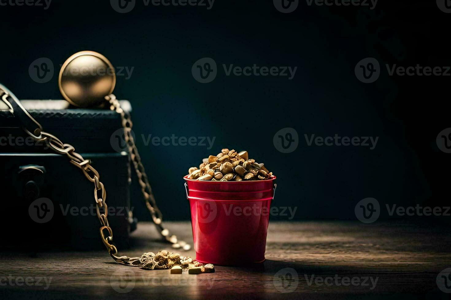 a red bucket with gold coins and a chain. AI-Generated photo