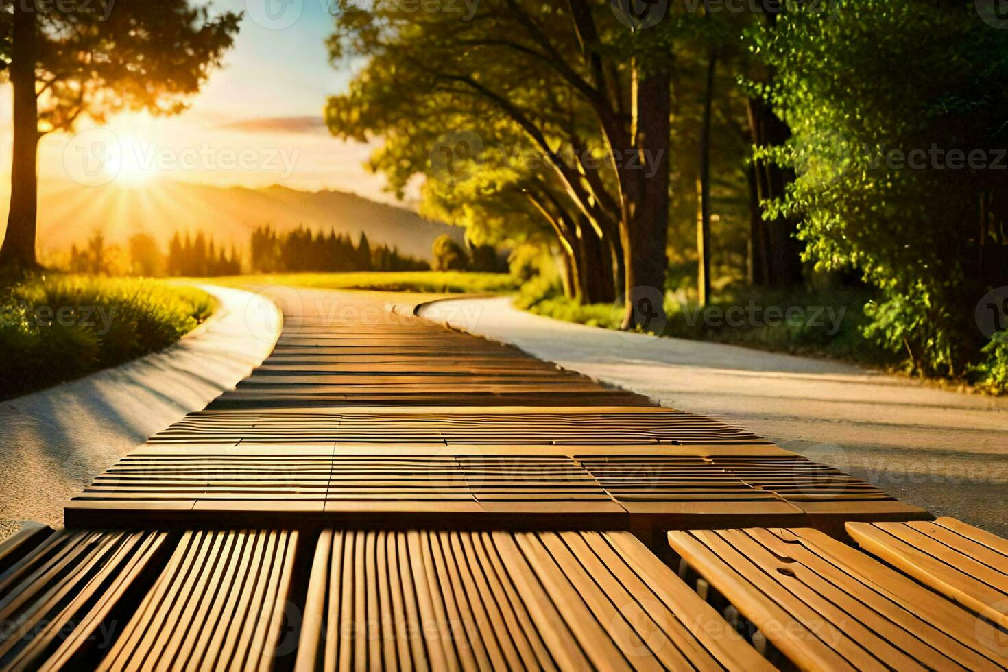 a wooden walkway in the middle of a field. AI-Generated photo
