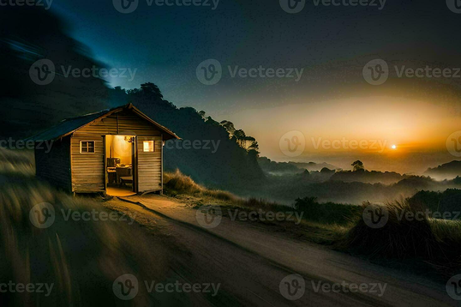 a small hut sits on a hillside at sunset. AI-Generated photo