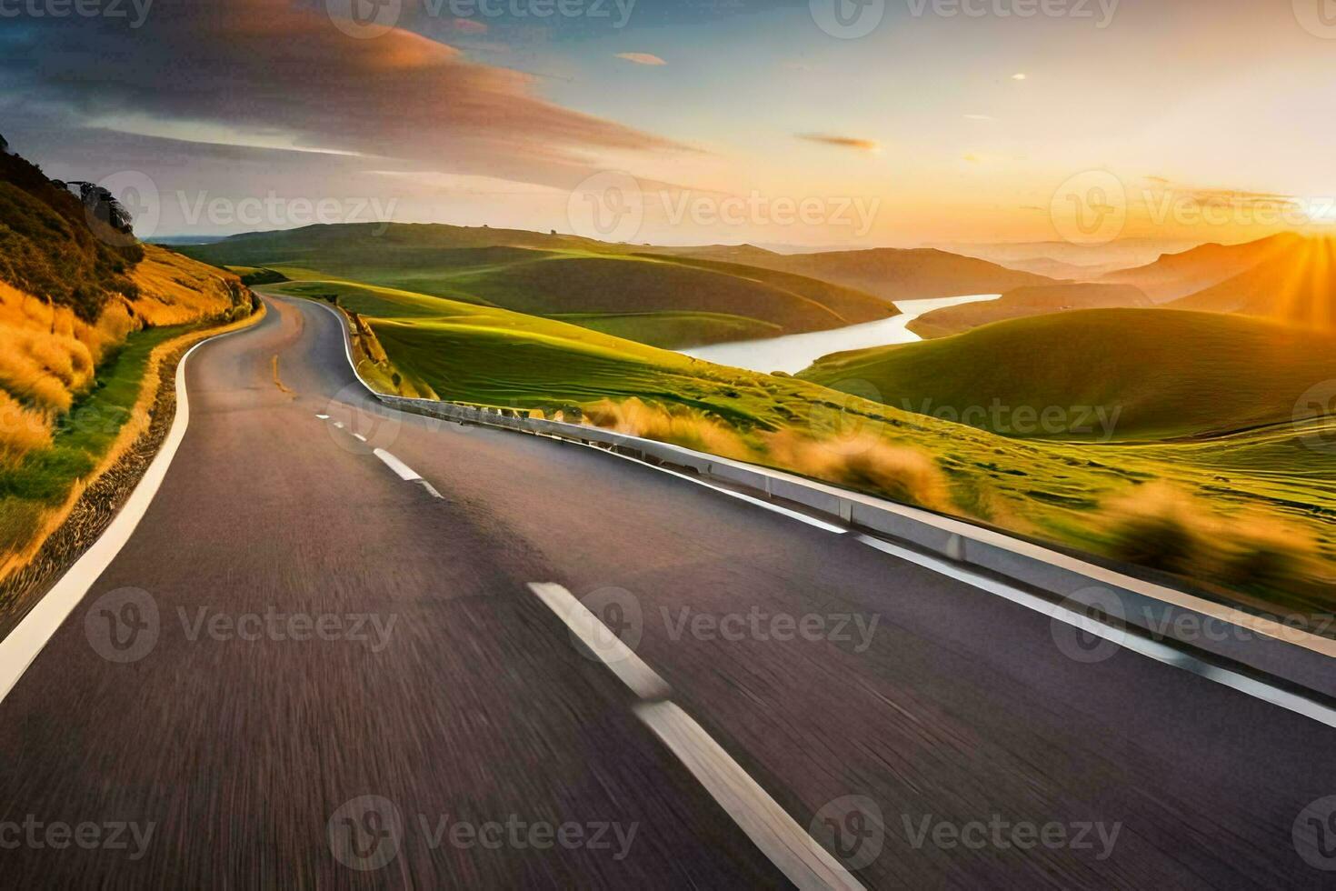 a road with the sun setting over the hills. AI-Generated photo