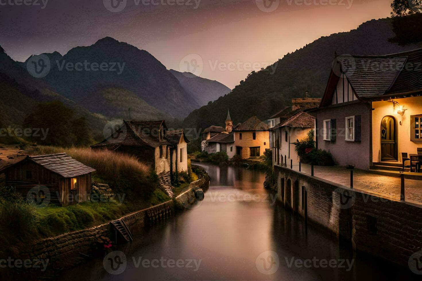 foto fondo de pantalla el cielo, montañas, río, casas, agua, montañas, río, aldea,. generado por ai
