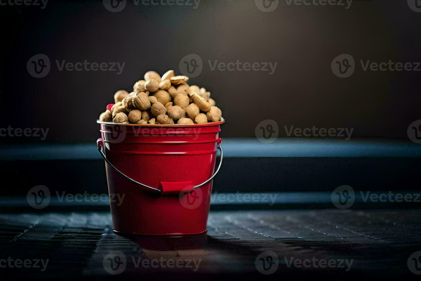 a red bucket filled with peanuts sitting on a table. AI-Generated photo