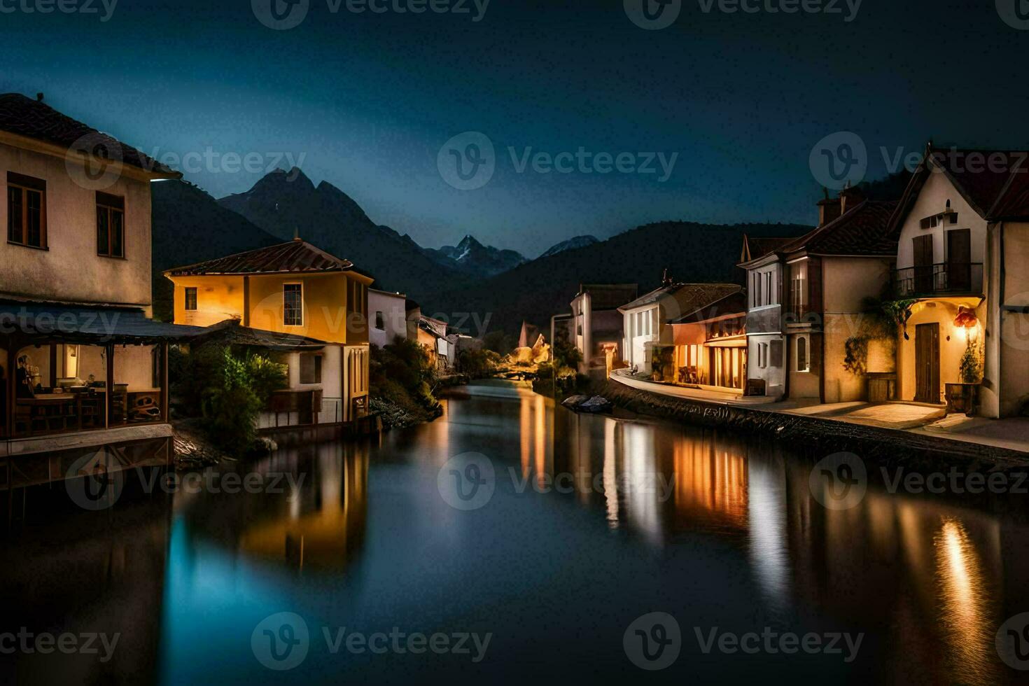 foto fondo de pantalla el cielo, agua, montañas, casas, el noche, el ciudad, el río. generado por ai