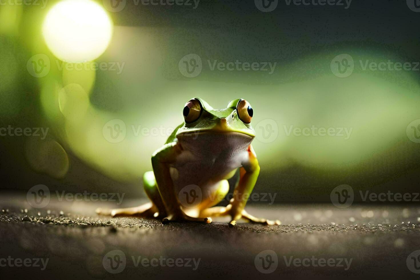 a frog sitting on the ground with a bright light behind it. AI-Generated photo
