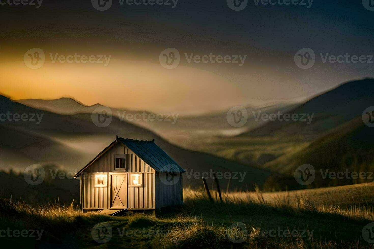 a small cabin in the mountains at sunset. AI-Generated photo